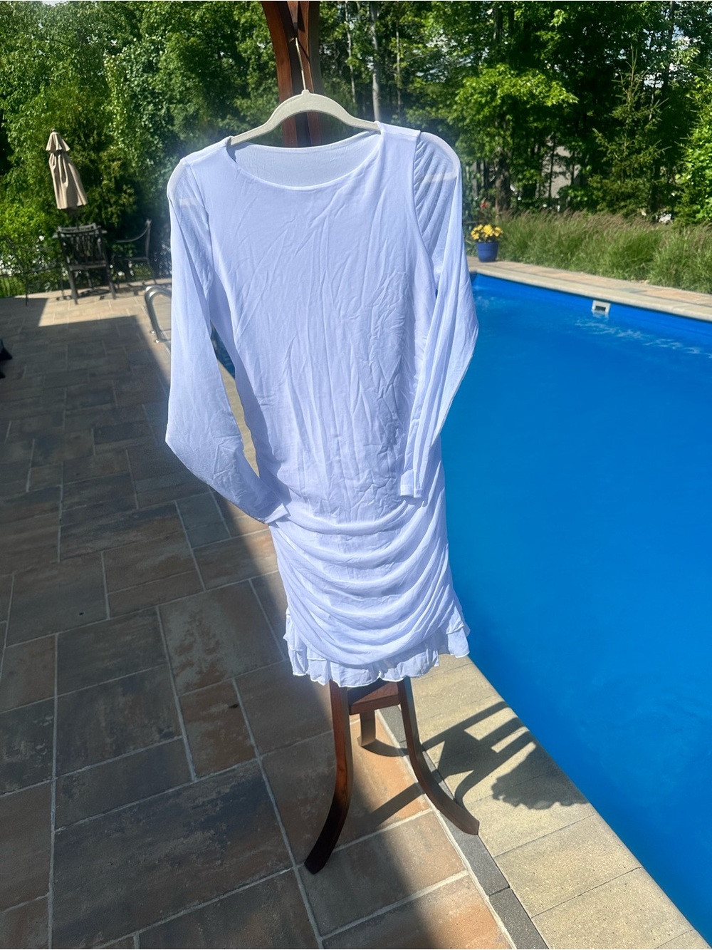 White Long-Sleeve Ruched Mini Dress